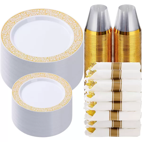 Goodluck 350 Piece Gold Plastic Dinnerware Set for 50 Guests, Disposable Lace Plates for Party, Include: 50 Gold Plates, 50 Dessert Plates Disposable, 50 Pre Napkins with Silverware, 50 Cups