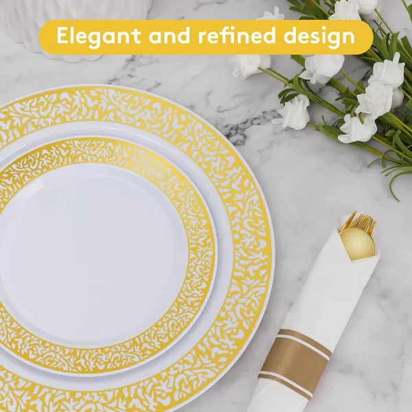 Goodluck 350 Piece Gold Plastic Dinnerware Set for 50 Guests, Disposable Lace Plates for Party, Include: 50 Gold Plates, 50 Dessert Plates Disposable, 50 Pre Napkins with Silverware, 50 Cups