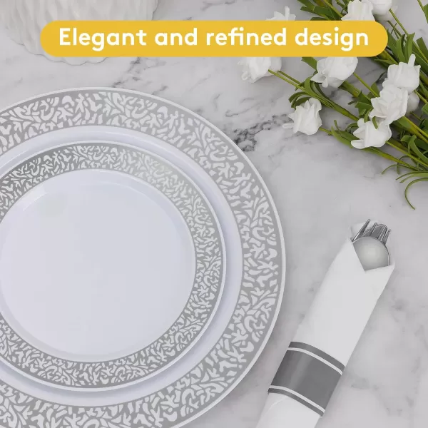 Goodluck 350 Piece Gold Plastic Dinnerware Set for 50 Guests, Disposable Lace Plates for Party, Include: 50 Gold Plates, 50 Dessert Plates Disposable, 50 Pre Napkins with Silverware, 50 Cups
