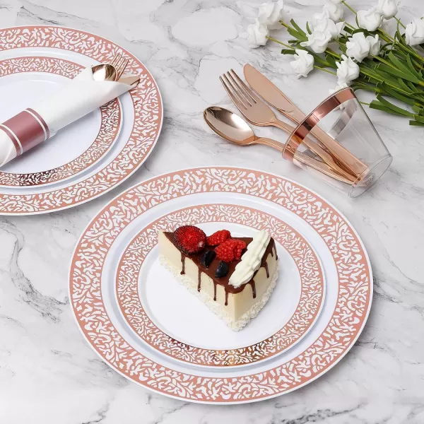 Goodluck 350 Piece Gold Plastic Dinnerware Set for 50 Guests, Disposable Lace Plates for Party, Include: 50 Gold Plates, 50 Dessert Plates Disposable, 50 Pre Napkins with Silverware, 50 Cups