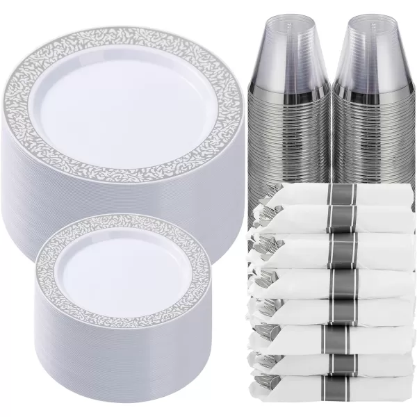 Goodluck 350 Piece Gold Plastic Dinnerware Set for 50 Guests, Disposable Lace Plates for Party, Include: 50 Gold Plates, 50 Dessert Plates Disposable, 50 Pre Napkins with Silverware, 50 Cups