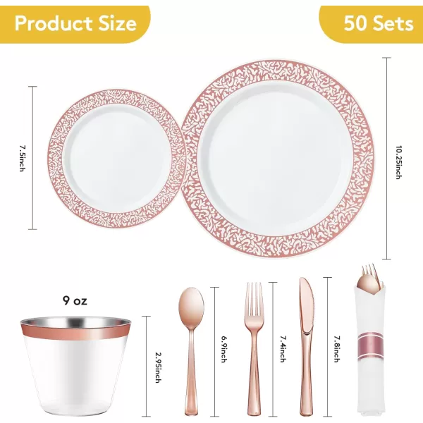 Goodluck 350 Piece Gold Plastic Dinnerware Set for 50 Guests, Disposable Lace Plates for Party, Include: 50 Gold Plates, 50 Dessert Plates Disposable, 50 Pre Napkins with Silverware, 50 Cups