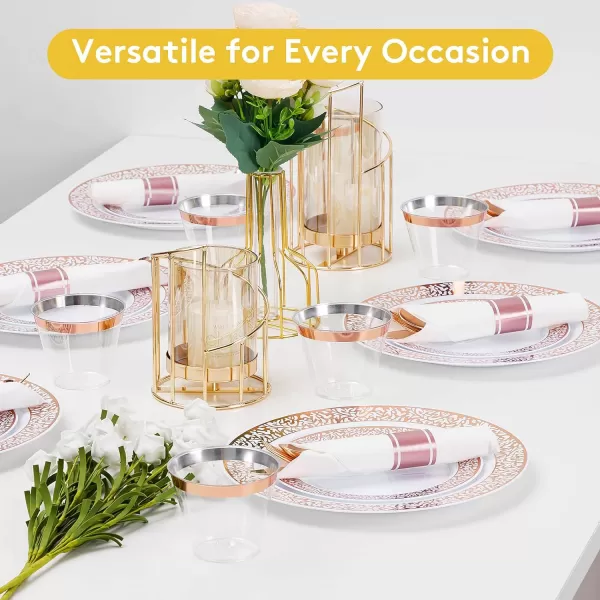 Goodluck 350 Piece Gold Plastic Dinnerware Set for 50 Guests, Disposable Lace Plates for Party, Include: 50 Gold Plates, 50 Dessert Plates Disposable, 50 Pre Napkins with Silverware, 50 Cups