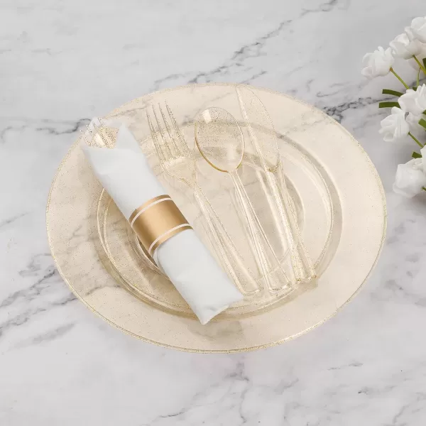 Goodluck 350 Piece Gold Plastic Dinnerware Set for 50 Guests, Fancy Disposable Plates for Party, Include: 50 Dinner Plates, 50 Dessert Plates, 50 Pre Rolled Napkins with Silverware, 50 Cups
