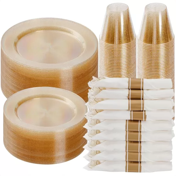 Goodluck 350 Piece Gold Plastic Dinnerware Set for 50 Guests, Fancy Disposable Plates for Party, Include: 50 Dinner Plates, 50 Dessert Plates, 50 Pre Rolled Napkins with Silverware, 50 Cups