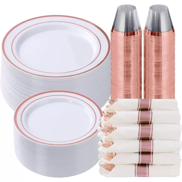 Goodluck 350 Piece Gold Plastic Dinnerware Set for 50 Guests, Fancy Disposable Plates for Party, Include: 50 Dinner Plates, 50 Dessert Plates, 50 Pre Rolled Napkins with Silverware, 50 Cups
