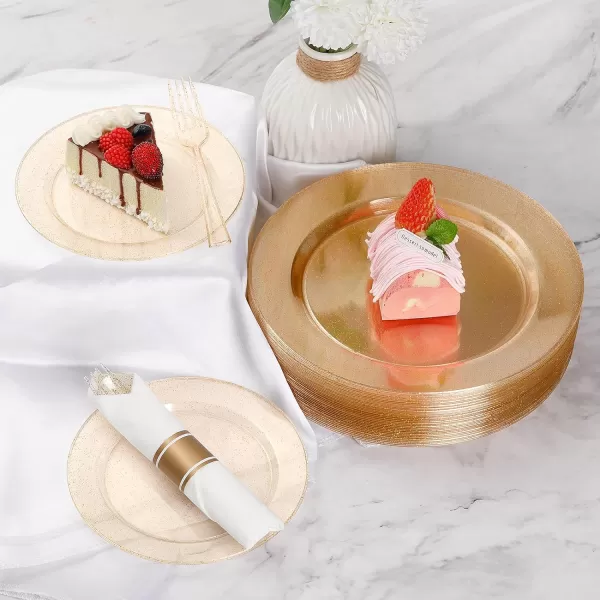 Goodluck 350 Piece Gold Plastic Dinnerware Set for 50 Guests, Fancy Disposable Plates for Party, Include: 50 Dinner Plates, 50 Dessert Plates, 50 Pre Rolled Napkins with Silverware, 50 Cups
