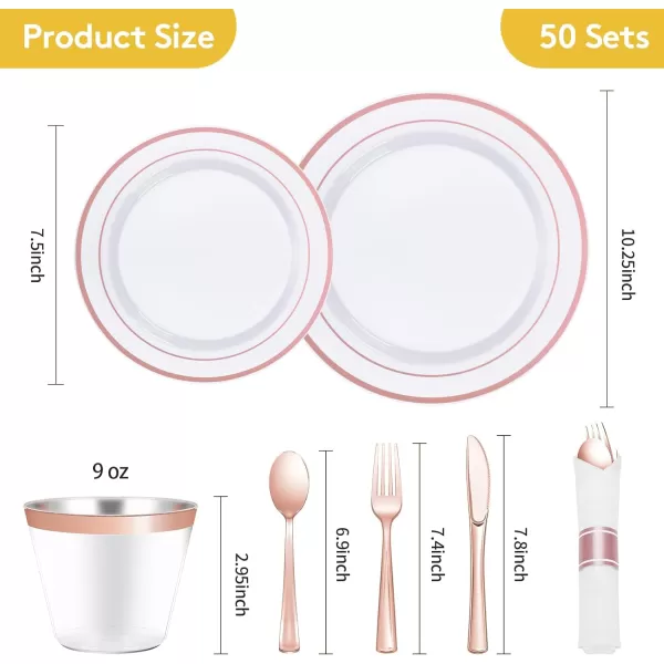 Goodluck 350 Piece Gold Plastic Dinnerware Set for 50 Guests, Fancy Disposable Plates for Party, Include: 50 Dinner Plates, 50 Dessert Plates, 50 Pre Rolled Napkins with Silverware, 50 Cups