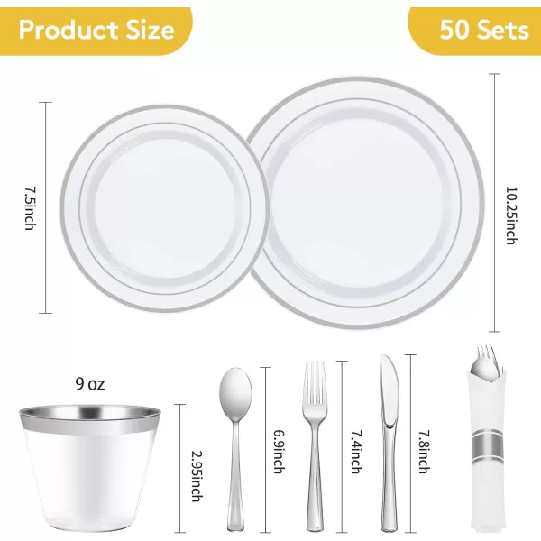 Goodluck 350 Piece Gold Plastic Dinnerware Set for 50 Guests, Fancy Disposable Plates for Party, Include: 50 Dinner Plates, 50 Dessert Plates, 50 Pre Rolled Napkins with Silverware, 50 Cups