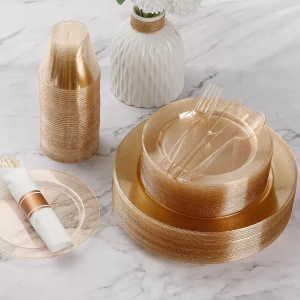 Goodluck 350 Piece Gold Plastic Dinnerware Set for 50 Guests, Fancy Disposable Plates for Party, Include: 50 Dinner Plates, 50 Dessert Plates, 50 Pre Rolled Napkins with Silverware, 50 Cups