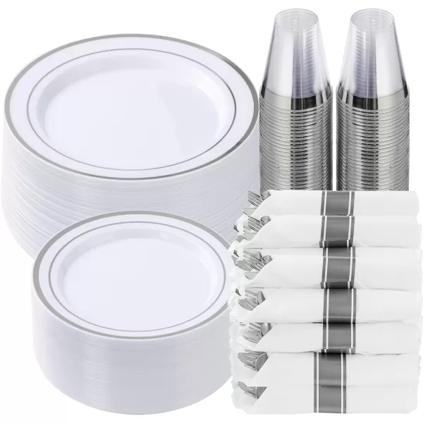 Goodluck 350 Piece Gold Plastic Dinnerware Set for 50 Guests, Fancy Disposable Plates for Party, Include: 50 Dinner Plates, 50 Dessert Plates, 50 Pre Rolled Napkins with Silverware, 50 Cups