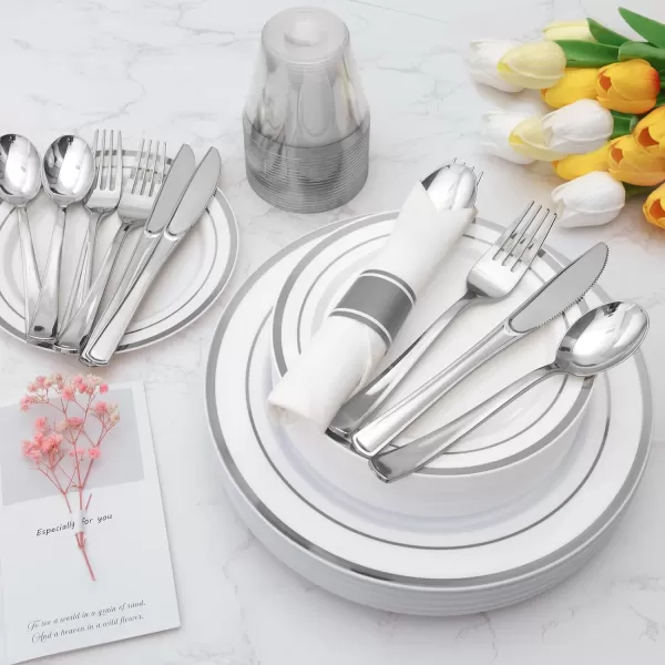 Goodluck 350 Piece Gold Plastic Dinnerware Set for 50 Guests, Fancy Disposable Plates for Party, Include: 50 Dinner Plates, 50 Dessert Plates, 50 Pre Rolled Napkins with Silverware, 50 Cups