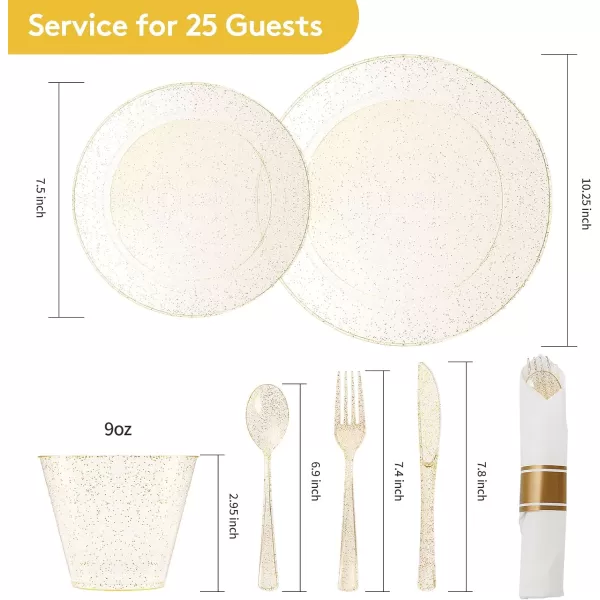 Goodluck 350 Piece Gold Plastic Dinnerware Set for 50 Guests, Fancy Disposable Plates for Party, Include: 50 Dinner Plates, 50 Dessert Plates, 50 Pre Rolled Napkins with Silverware, 50 Cups