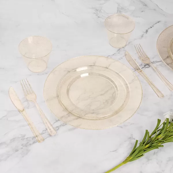 Goodluck 350 Piece Gold Plastic Dinnerware Set for 50 Guests, Fancy Disposable Plates for Party, Include: 50 Dinner Plates, 50 Dessert Plates, 50 Pre Rolled Napkins with Silverware, 50 Cups