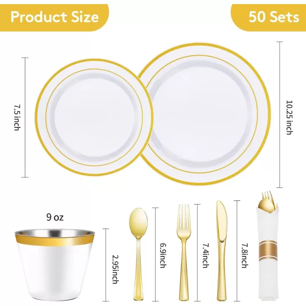 Goodluck 350 Piece Gold Plastic Dinnerware Set for 50 Guests, Fancy Disposable Plates for Party, Include: 50 Dinner Plates, 50 Dessert Plates, 50 Pre Rolled Napkins with Silverware, 50 Cups
