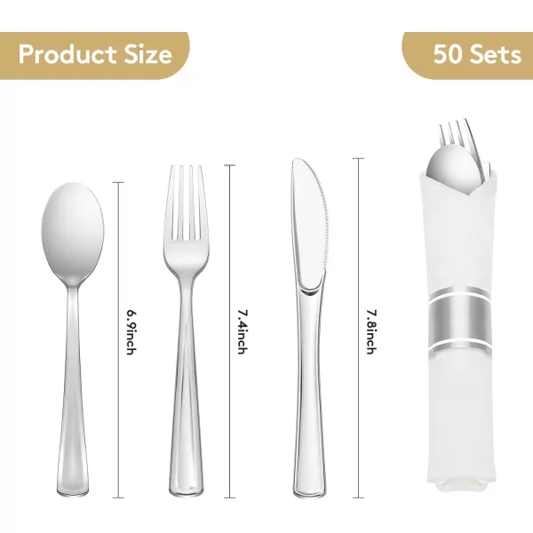Goodluck 50 Pack Pre Rolled Gold Plastic Silverware, Wrapped Plastic Cutlery Set with Napkin Include 50 Forks, 50 Knives, 50 Spoons and 50 Napkins, Fancy Disposable Silverware for Party, Wedding