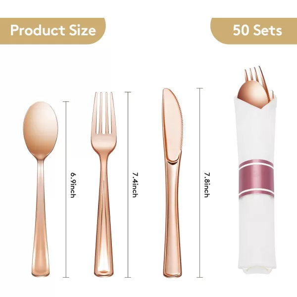 Goodluck 50 Pack Pre Rolled Gold Plastic Silverware, Wrapped Plastic Cutlery Set with Napkin Include 50 Forks, 50 Knives, 50 Spoons and 50 Napkins, Fancy Disposable Silverware for Party, Wedding