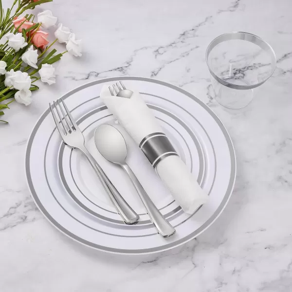 Goodluck 50 Pack Pre Rolled Gold Plastic Silverware, Wrapped Plastic Cutlery Set with Napkin Include 50 Forks, 50 Knives, 50 Spoons and 50 Napkins, Fancy Disposable Silverware for Party, Wedding