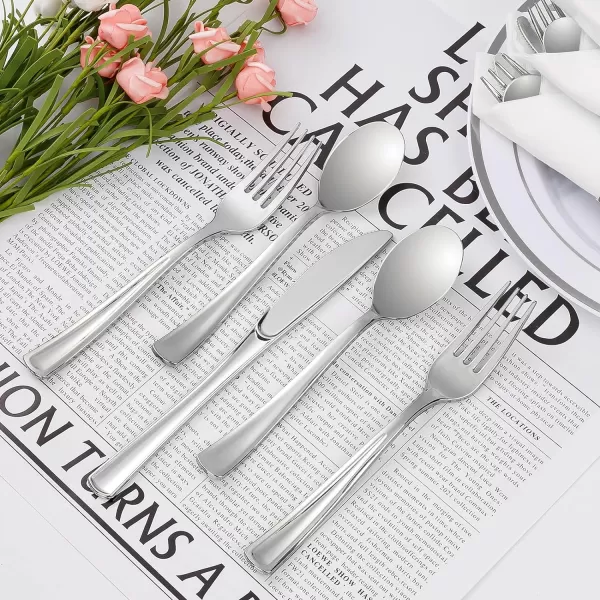 Goodluck 50 Pack Pre Rolled Gold Plastic Silverware, Wrapped Plastic Cutlery Set with Napkin Include 50 Forks, 50 Knives, 50 Spoons and 50 Napkins, Fancy Disposable Silverware for Party, Wedding