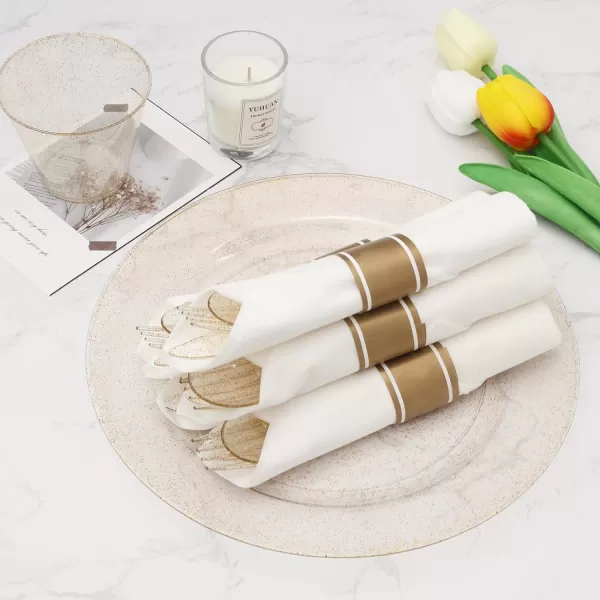 Goodluck 50 Pack Pre Rolled Gold Plastic Silverware, Wrapped Plastic Cutlery Set with Napkin Include 50 Forks, 50 Knives, 50 Spoons and 50 Napkins, Fancy Disposable Silverware for Party, Wedding