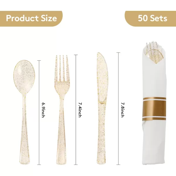 Goodluck 50 Pack Pre Rolled Gold Plastic Silverware, Wrapped Plastic Cutlery Set with Napkin Include 50 Forks, 50 Knives, 50 Spoons and 50 Napkins, Fancy Disposable Silverware for Party, Wedding