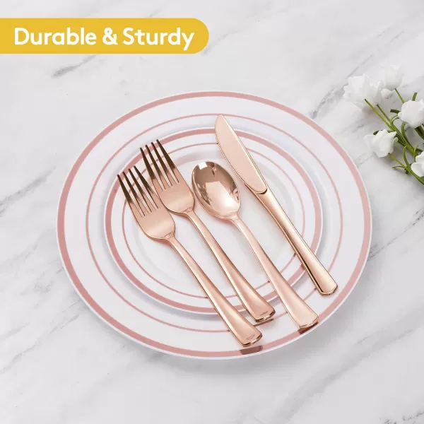 Goodluck 50 Pack Pre Rolled Gold Plastic Silverware, Wrapped Plastic Cutlery Set with Napkin Include 50 Forks, 50 Knives, 50 Spoons and 50 Napkins, Fancy Disposable Silverware for Party, Wedding