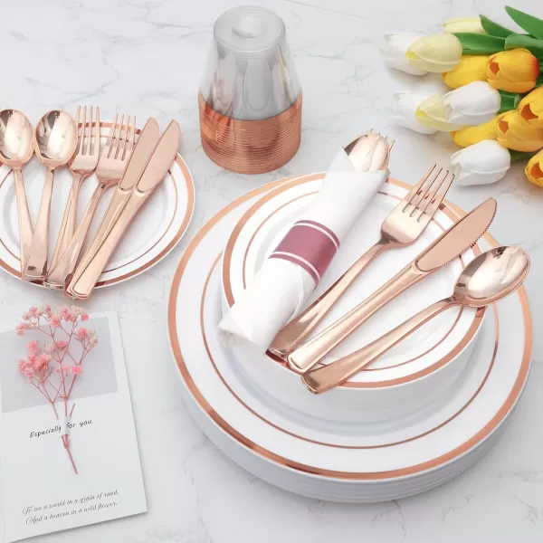 Goodluck 50 Pack Pre Rolled Gold Plastic Silverware, Wrapped Plastic Cutlery Set with Napkin Include 50 Forks, 50 Knives, 50 Spoons and 50 Napkins, Fancy Disposable Silverware for Party, Wedding