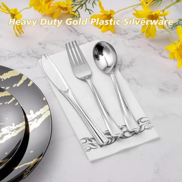Goodluck 500 Silver Plastic Silverware, Silver Utensil Disposable, Plastic Cutlery Set of 200 Forks, 150 Spoons, 150 Knives for Wedding, Party