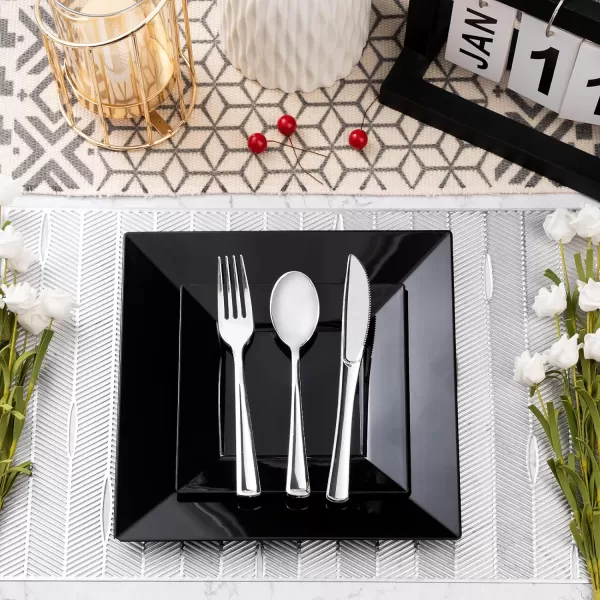 Goodluck 60 Pack Disposable Square Plastic Plates, Heavy Duty 30pcs Dinner Plates 9.5" and 30pcs Dessert Plates 6.5", Fancy Disposable Plates for Wedding, Holiday Party, Birthday, White