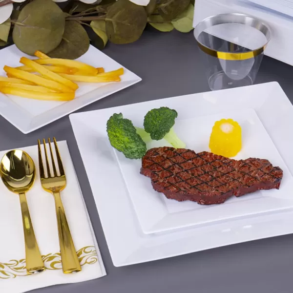 Goodluck 60 Pack Disposable Square Plastic Plates, Heavy Duty 30pcs Dinner Plates 9.5" and 30pcs Dessert Plates 6.5", Fancy Disposable Plates for Wedding, Holiday Party, Birthday, White