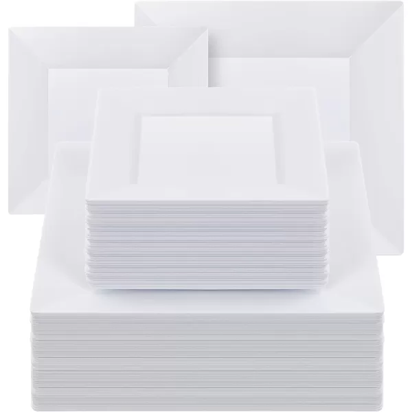 Goodluck 60 Pack Disposable Square Plastic Plates, Heavy Duty 30pcs Dinner Plates 9.5" and 30pcs Dessert Plates 6.5", Fancy Disposable Plates for Wedding, Holiday Party, Birthday, White