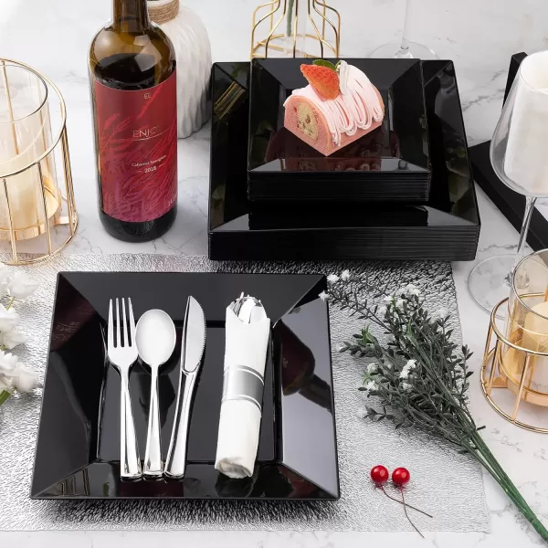 Goodluck 60 Pack Disposable Square Plastic Plates, Heavy Duty 30pcs Dinner Plates 9.5" and 30pcs Dessert Plates 6.5", Fancy Disposable Plates for Wedding, Holiday Party, Birthday, White