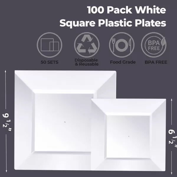 Goodluck 60 Pack Disposable Square Plastic Plates, Heavy Duty 30pcs Dinner Plates 9.5" and 30pcs Dessert Plates 6.5", Fancy Disposable Plates for Wedding, Holiday Party, Birthday, White