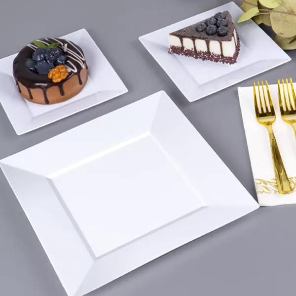 Goodluck 60 Pack Disposable Square Plastic Plates, Heavy Duty 30pcs Dinner Plates 9.5" and 30pcs Dessert Plates 6.5", Fancy Disposable Plates for Wedding, Holiday Party, Birthday, White