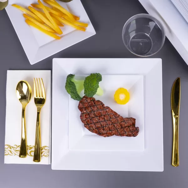 Goodluck 60 Pack Disposable Square Plastic Plates, Heavy Duty 30pcs Dinner Plates 9.5" and 30pcs Dessert Plates 6.5", Fancy Disposable Plates for Wedding, Holiday Party, Birthday, White