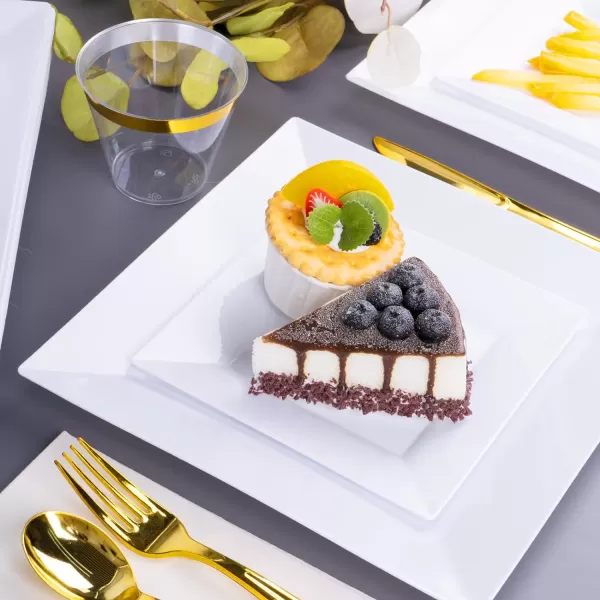 Goodluck 60 Pack Disposable Square Plastic Plates, Heavy Duty 30pcs Dinner Plates 9.5" and 30pcs Dessert Plates 6.5", Fancy Disposable Plates for Wedding, Holiday Party, Birthday, White