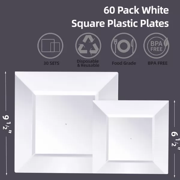 Goodluck 60 Pack Disposable Square Plastic Plates, Heavy Duty 30pcs Dinner Plates 9.5" and 30pcs Dessert Plates 6.5", Fancy Disposable Plates for Wedding, Holiday Party, Birthday, White
