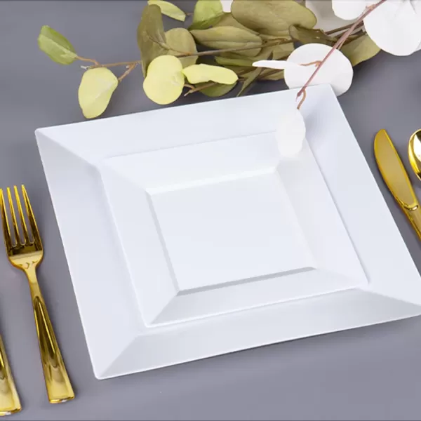 Goodluck 60 Pack Disposable Square Plastic Plates, Heavy Duty 30pcs Dinner Plates 9.5" and 30pcs Dessert Plates 6.5", Fancy Disposable Plates for Wedding, Holiday Party, Birthday, White