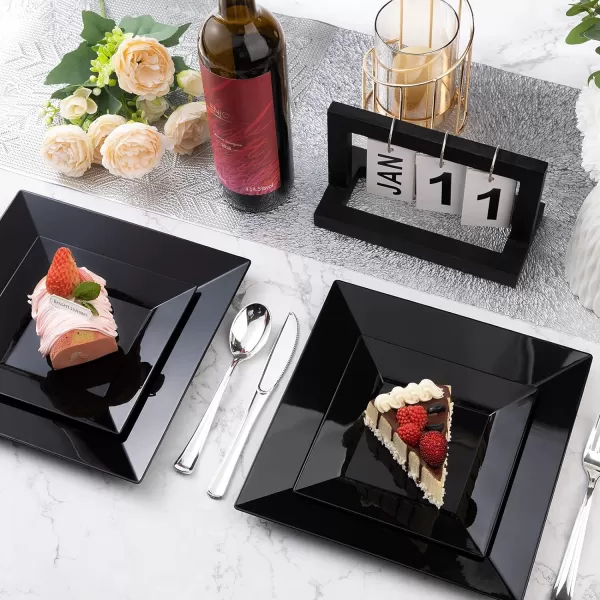 Goodluck 60 Pack Disposable Square Plastic Plates, Heavy Duty 30pcs Dinner Plates 9.5" and 30pcs Dessert Plates 6.5", Fancy Disposable Plates for Wedding, Holiday Party, Birthday, White