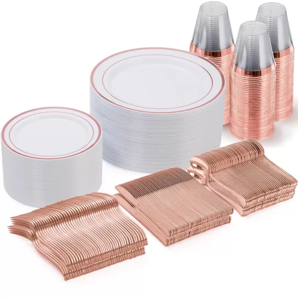 Goodluck 600 Pieces Gold Disposable Plates for 100 Guests, Plastic Plates for Party, Dinnerware Set of 100 Dinner Plates, 100 Salad Plates, 100 Spoons, 100 Forks, 100 Knives, 100 Cups