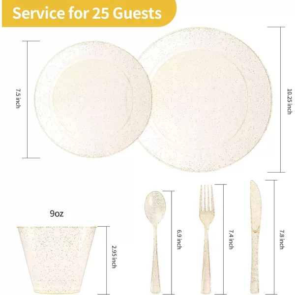 Goodluck 600 Pieces Gold Disposable Plates for 100 Guests, Plastic Plates for Party, Dinnerware Set of 100 Dinner Plates, 100 Salad Plates, 100 Spoons, 100 Forks, 100 Knives, 100 Cups