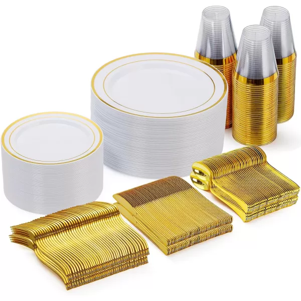 Goodluck 600 Pieces Gold Disposable Plates for 100 Guests, Plastic Plates for Party, Dinnerware Set of 100 Dinner Plates, 100 Salad Plates, 100 Spoons, 100 Forks, 100 Knives, 100 Cups