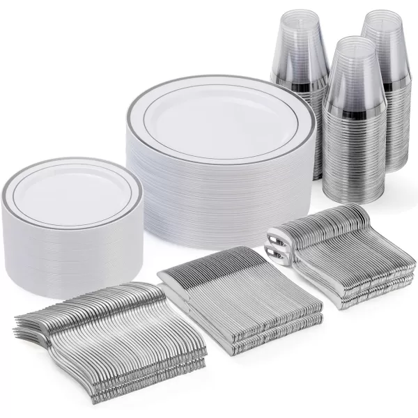 Goodluck 600 Pieces Gold Disposable Plates for 100 Guests, Plastic Plates for Party, Dinnerware Set of 100 Dinner Plates, 100 Salad Plates, 100 Spoons, 100 Forks, 100 Knives, 100 Cups