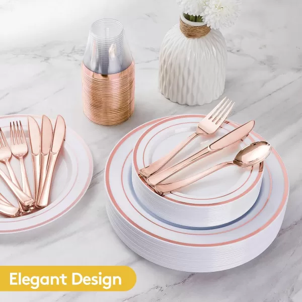 Goodluck 600 Pieces Gold Disposable Plates for 100 Guests, Plastic Plates for Party, Dinnerware Set of 100 Dinner Plates, 100 Salad Plates, 100 Spoons, 100 Forks, 100 Knives, 100 Cups