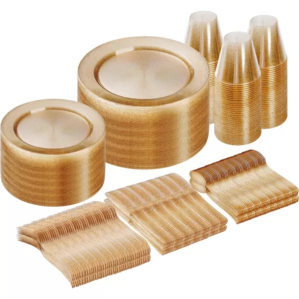 Goodluck 600 Pieces Gold Disposable Plates for 100 Guests, Plastic Plates for Party, Dinnerware Set of 100 Dinner Plates, 100 Salad Plates, 100 Spoons, 100 Forks, 100 Knives, 100 Cups