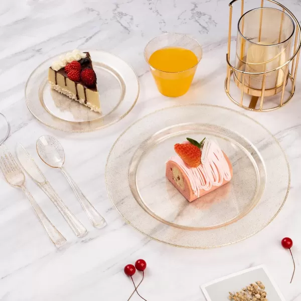 Goodluck 600 Pieces Gold Disposable Plates for 100 Guests, Plastic Plates for Party, Dinnerware Set of 100 Dinner Plates, 100 Salad Plates, 100 Spoons, 100 Forks, 100 Knives, 100 Cups