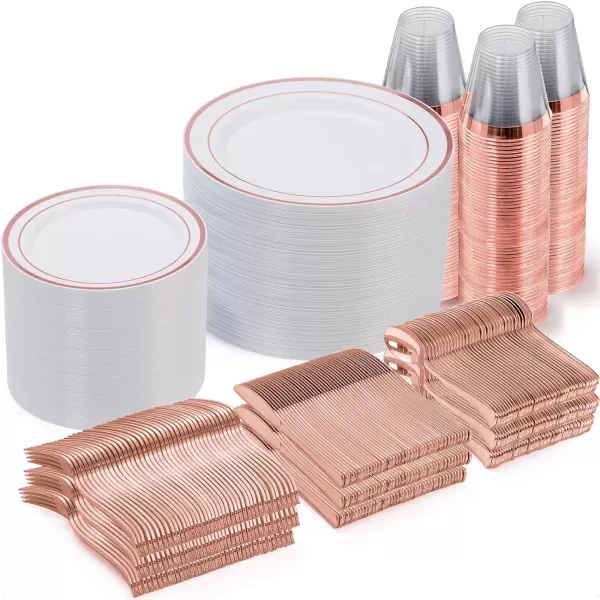 Goodluck 600 Pieces Gold Disposable Plates for 100 Guests, Plastic Plates for Party, Dinnerware Set of 100 Dinner Plates, 100 Salad Plates, 100 Spoons, 100 Forks, 100 Knives, 100 Cups