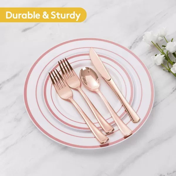 Goodluck 600 Pieces Gold Disposable Plates for 100 Guests, Plastic Plates for Party, Dinnerware Set of 100 Dinner Plates, 100 Salad Plates, 100 Spoons, 100 Forks, 100 Knives, 100 Cups