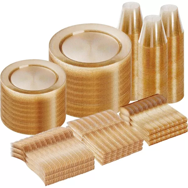 Goodluck 600 Pieces Gold Disposable Plates for 100 Guests, Plastic Plates for Party, Dinnerware Set of 100 Dinner Plates, 100 Salad Plates, 100 Spoons, 100 Forks, 100 Knives, 100 Cups