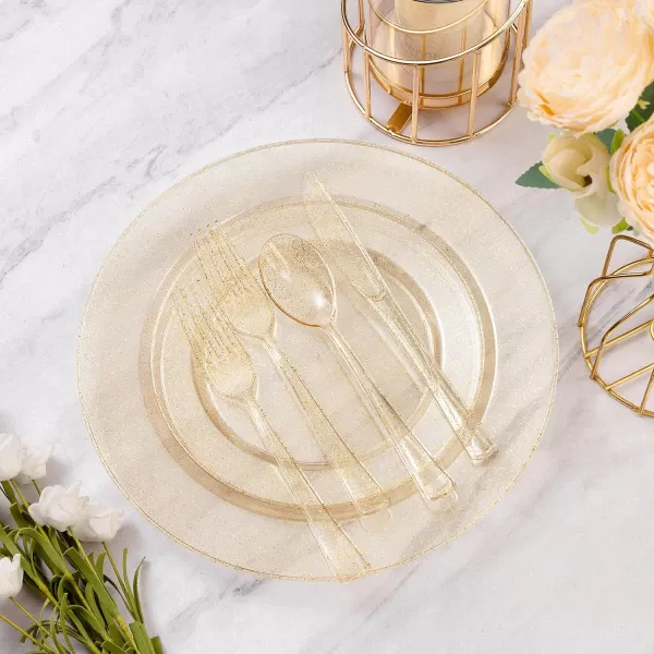 Goodluck 600 Pieces Gold Disposable Plates for 100 Guests, Plastic Plates for Party, Dinnerware Set of 100 Dinner Plates, 100 Salad Plates, 100 Spoons, 100 Forks, 100 Knives, 100 Cups